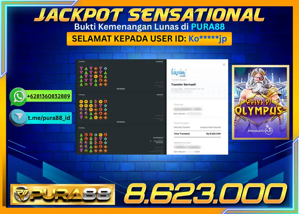 PURA88 JACKPOT SENSATIONAL GATES OF OLYMPUS Rp 8.623.000,- LUNAS